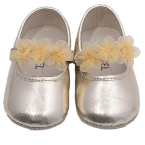 Angel Girls Gold Organza Flower Elastic Strap Crib Shoes 0-5 Baby - SophiasStyle.com