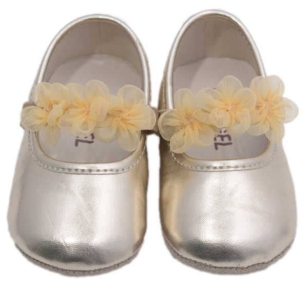 Angel Girls Gold Organza Flower Elastic Strap Crib Shoes 0-5 Baby - SophiasStyle.com