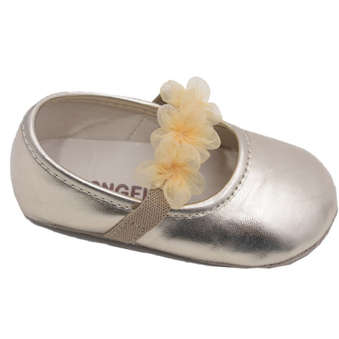 Angel Girls Gold Organza Flower Elastic Strap Crib Shoes 0-5 Baby - SophiasStyle.com