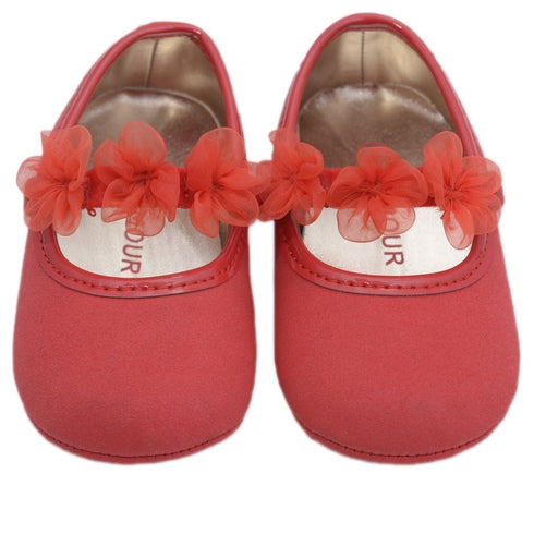 Angel Girls Red Organza Flower Elastic Strap Crib Shoes 0-5 Baby - SophiasStyle.com