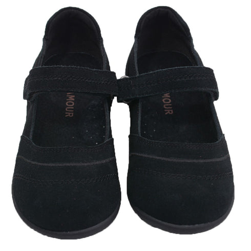 L'Amour Little Girls Black Sporty Nubuck Leather Mary Jane Shoes 11-2 - SophiasStyle.com