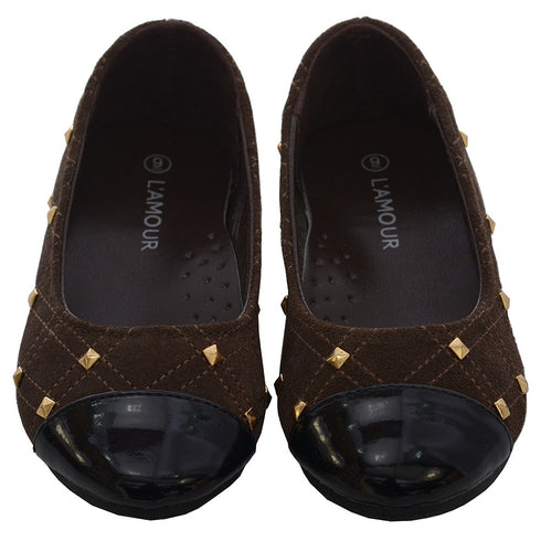 L'Amour Brown Suede Patent Gold Stud Ballet Flat Shoe Little Girl 11-4 - SophiasStyle.com