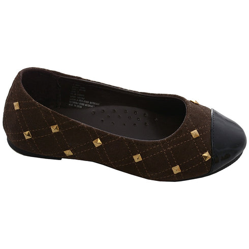 L'Amour Brown Suede Patent Gold Stud Ballet Flat Shoe Little Girl 11-4 - SophiasStyle.com