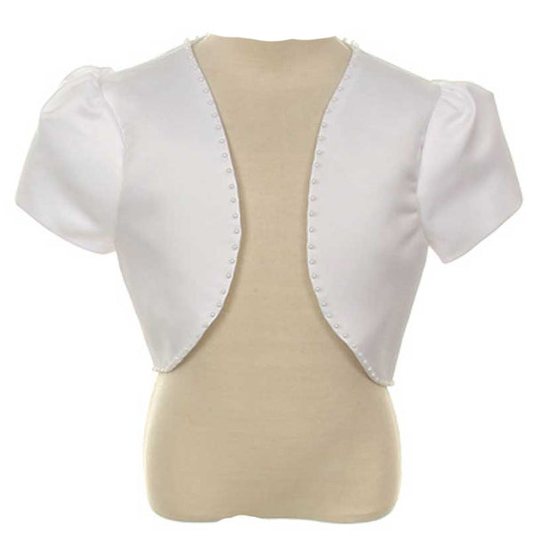 Rain Kids White Satin Pearl Trimmed Short Sleeve Bolero Girls 8-14 - SophiasStyle.com