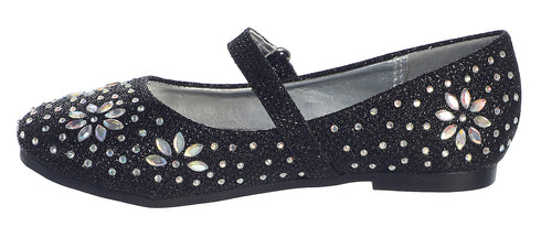 Swea Pea & Lilli Little Girls Black Glitter Floral Stud Flat Shoes 5-10 Toddler - SophiasStyle.com