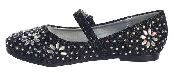 Swea Pea & Lilli Little Girls Black Glitter Floral Stud Flat Shoes 5-10 Toddler - SophiasStyle.com