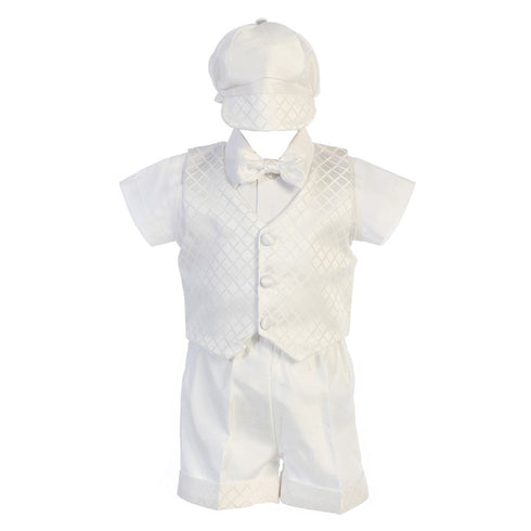 Swea Pea Lilli Baby Boys White Diamond Jacquard Shorts Hat Baptism Outfit 0-24M - SophiasStyle.com