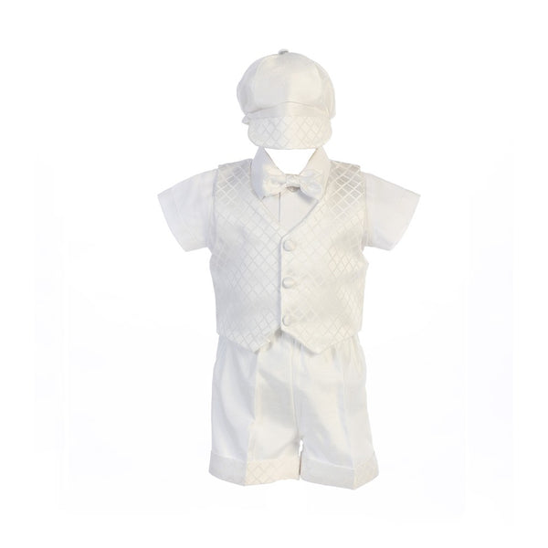 Swea Pea Lilli Little Boys White Diamond Jacquard Shorts Hat Baptism Outfit 2-4T - SophiasStyle.com