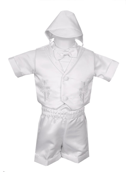 Rain Kids Baby Boys White 4 pc Cross Embroidered Vest Hat Baptism Outfit 3-24M - SophiasStyle.com