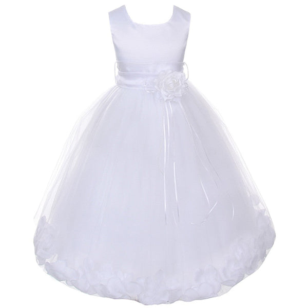 Kids Dream Big Girls White Satin White Floating Petal Flower Girl Dress 8-14 - SophiasStyle.com