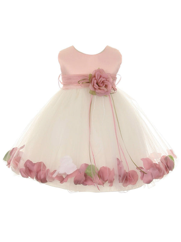 Kids Dream Baby Girl Off - White Rose Top Satin Floating Petals Flower Girl Dress 6-24M - SophiasStyle.com