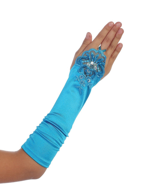 Girls Turquoise Floral Embroidery Fingerless Long Special Occasion Gloves 4-14 - SophiasStyle.com