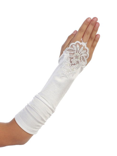 Girls White Floral Embroidery Fingerless Long Special Occasion Gloves 4-14 - SophiasStyle.com