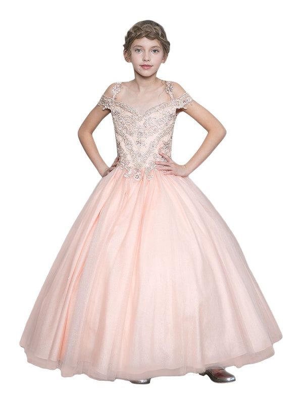 Big Girls Blush Pink Rhinestone Glitter Tulle Pageant Ball Dress 8-16 - SophiasStyle.com