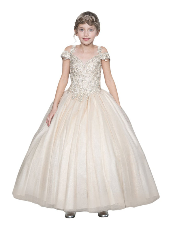 Little Girls Champagne Rhinestone Glitter Tulle Pageant Ball Dress 3-6 - SophiasStyle.com