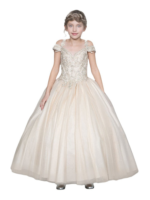 Big Girls Champagne Rhinestone Glitter Tulle Pageant Ball Dress 8-16 - SophiasStyle.com