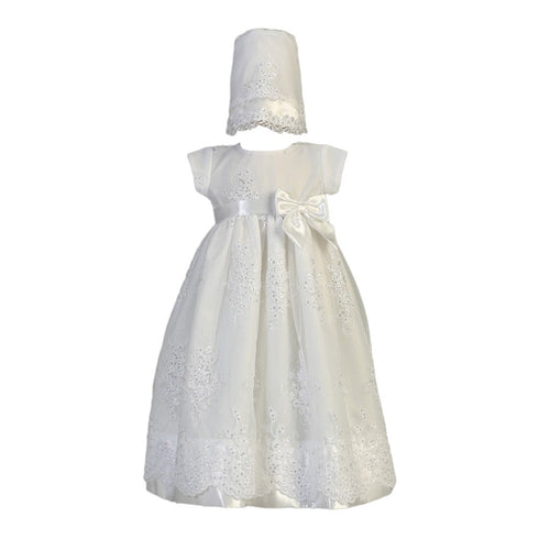 Baby Girls White Embroidered Organza Sequin Christening Gown 6-12M - SophiasStyle.com