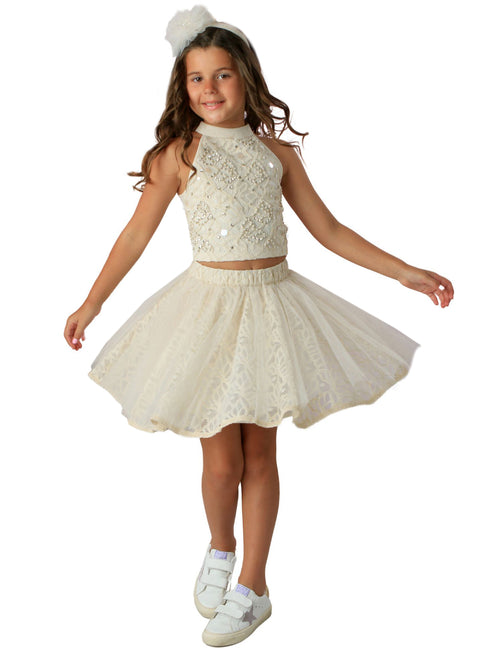 Ooh! La, La! Couture Kenna 2-Piece Ivory Set for Girls: Lace Skirt and Rhinestone Halter Top, Sizes 12M-14 - SophiasStyle.com