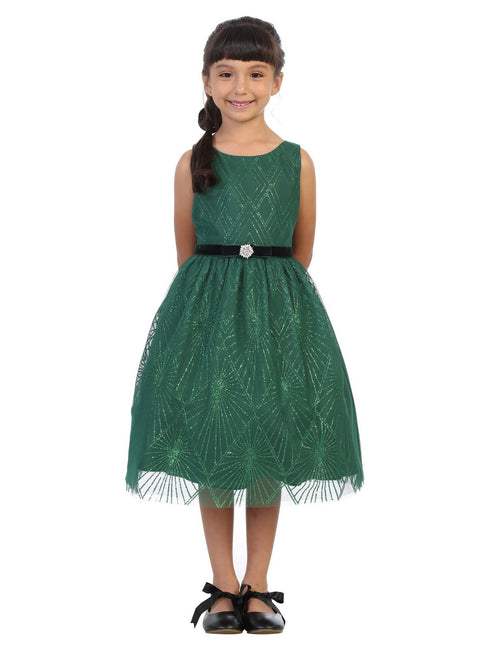 Kids Dream Girls Diamond Mesh Overlay Velvet Trim Brooch Dress 2T-14 - SophiasStyle.com