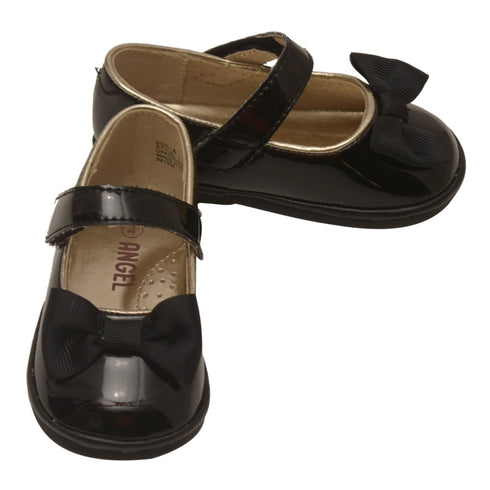Angel Little Girls Black Patent Grosgrain Bow Mary Jane Shoes 5-7 Toddler - SophiasStyle.com