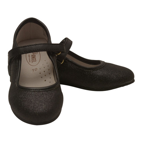 Angel Girls Black Hook and Loop Ankle Strap Glitter Flats 11-4 Kids - SophiasStyle.com