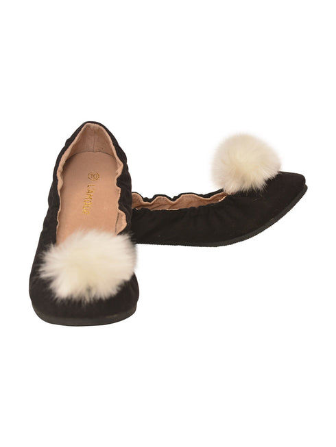 L'Amour Girls Black Suede Faux Fur Pom Pom Flats 11-4 Kids - SophiasStyle.com