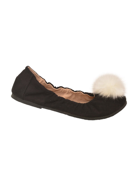 L'Amour Girls Black Suede Faux Fur Pom Pom Flats 11-4 Kids - SophiasStyle.com