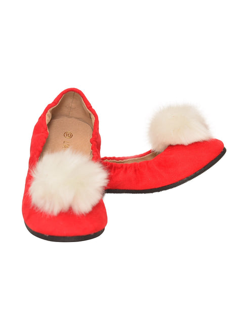 L'Amour Girls Red Suede Faux Fur Pom Pom Flats 11-4 Kids - SophiasStyle.com