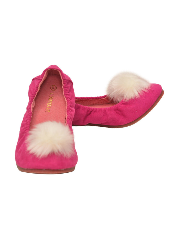 L'Amour Girls Fuchsia Suede Faux Fur Pom Pom Flats 7-10 Toddler - SophiasStyle.com