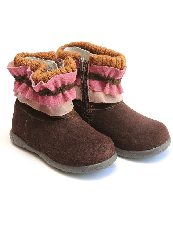 Lamour Girls Brown Rita Knit Collar Nubuck Leather Ruffle Boots 11-12 Kids - SophiasStyle.com