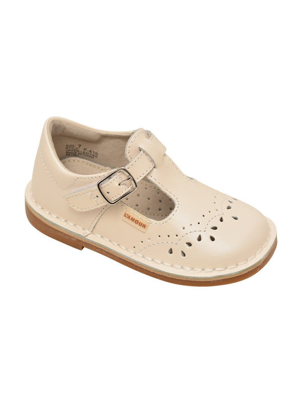 L'Amour Girls White T-Strap Stitch Down Teardrop Mary Janes 4 Baby-10 Toddler - SophiasStyle.com
