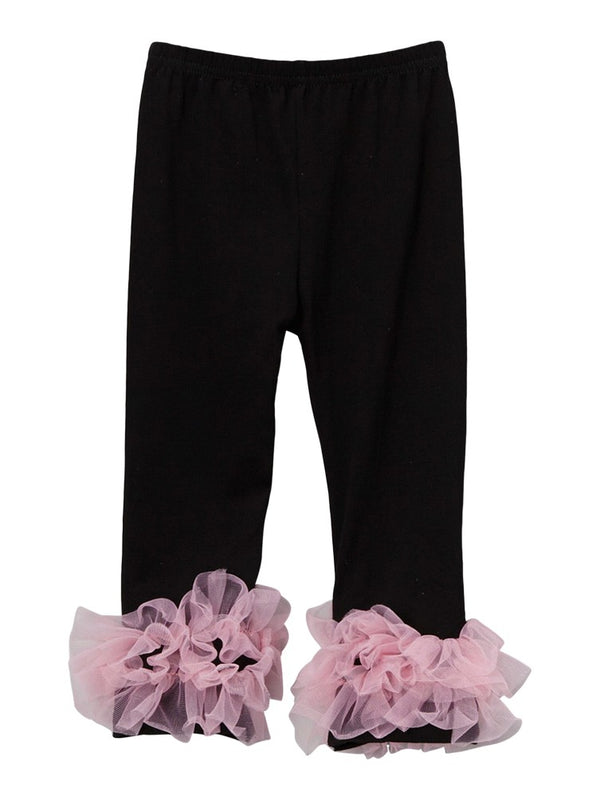 Girls Black Pink Double Ruffle Ankle Trim Trendy Leggings 9M-8 - SophiasStyle.com