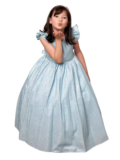 Big Girls Light Blue Metallic Flutter Sleeve Junior Bridesmaid Dress 8-16 - SophiasStyle.com