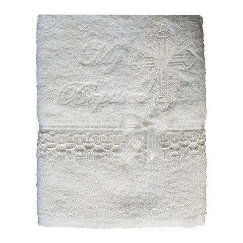 Lito Baby Unisex White Embroidered Cross Dove Lace Trims Christening Towel - SophiasStyle.com