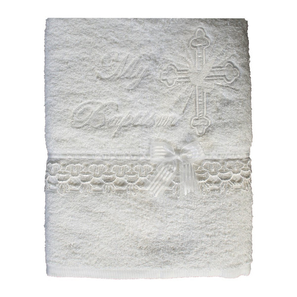 Lito Baby Unisex White Embroidered Cross Dove Lace Trims Christening Towel - SophiasStyle.com