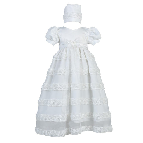 Lito Baby Girls White Satin Chiffon Tulle Christening Easter Dress 0-18M - SophiasStyle.com