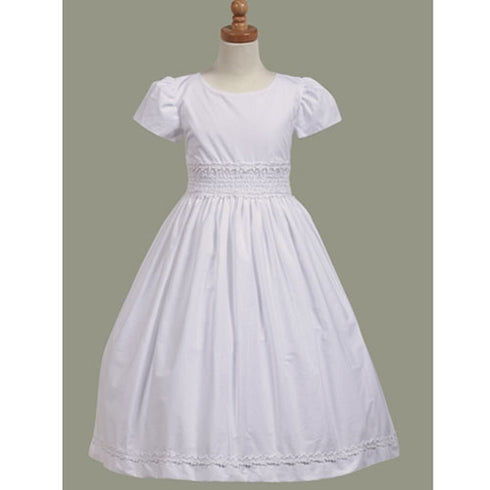 Lito White Cotton Smocked Communion Short Sleeve Dress Size 7-12 - SophiasStyle.com