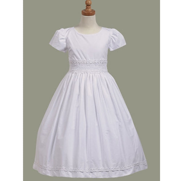 Lito White Cotton Smocked Communion Short Sleeve Dress Size 7-12 - SophiasStyle.com