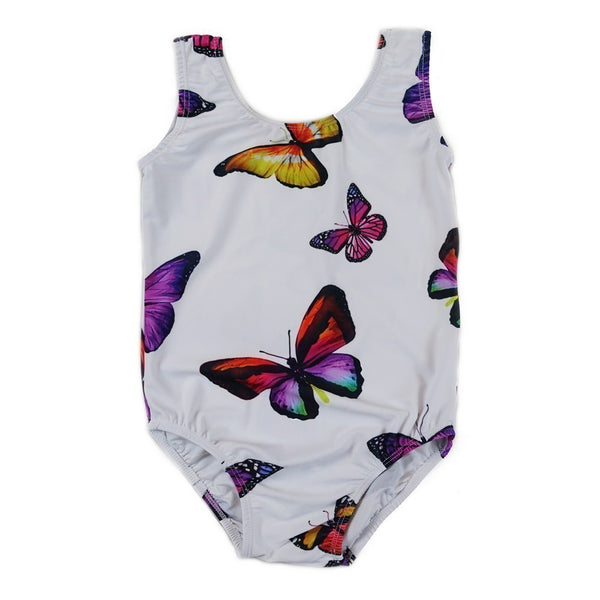 Girls White Purple Butterfly Print Lycra Leotard S (9-24M)-XL (6-8) - SophiasStyle.com