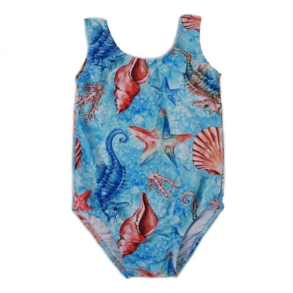 Girls Blue Sea Shield Inspired Print Lycra Leotard S (9-24M)-XL (6-8) - SophiasStyle.com