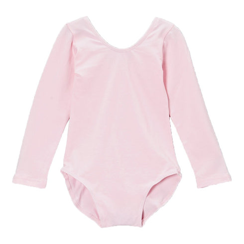 Big Girls Pink Long Sleeve Cotton Spandex Gym Dance Leotard 7-10 - SophiasStyle.com