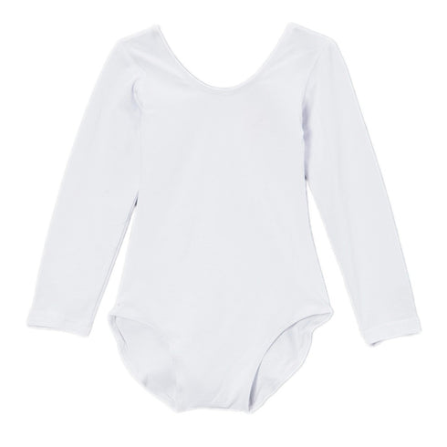 Big Girls White Long Sleeve Cotton Spandex Gym Dance Leotard 7-10 - SophiasStyle.com