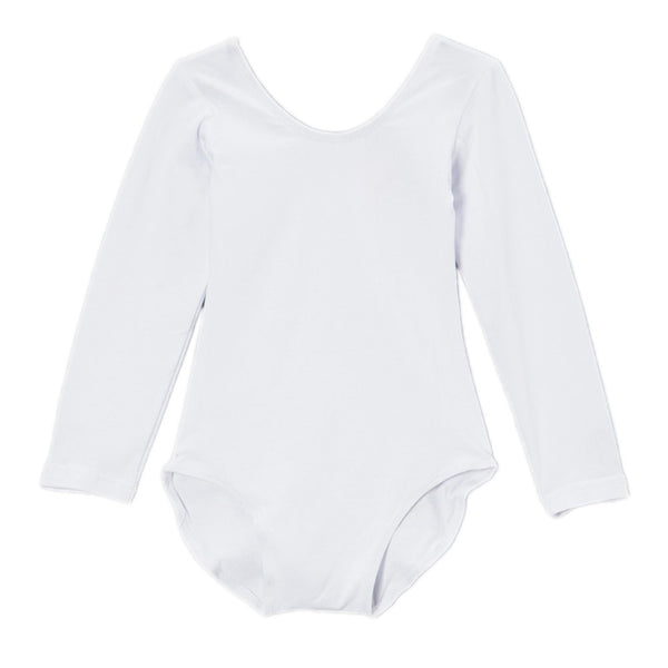 Big Girls White Long Sleeve Cotton Spandex Gym Dance Leotard 7-10 - SophiasStyle.com
