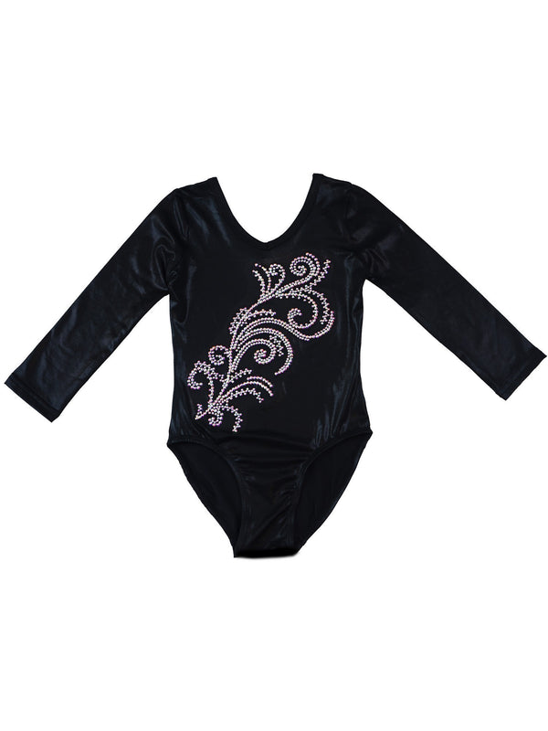 Girls Black Long Sleeve Glitter Rhinestone Competition Leotard 9M-8 - SophiasStyle.com
