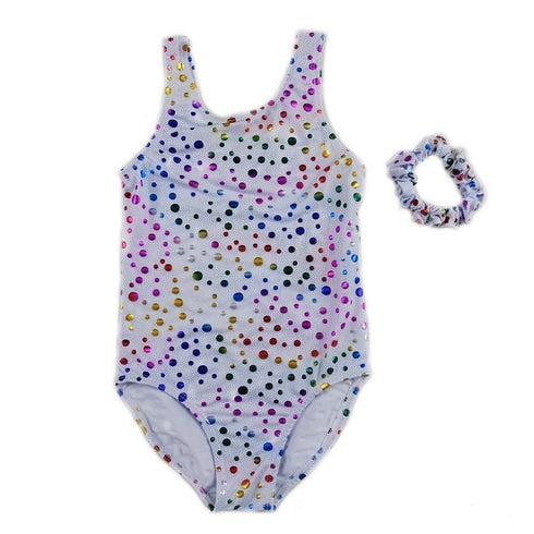 Girls White Multi Color Rainbow Dots Leotard S (9-24M)-XL (6-8) - SophiasStyle.com