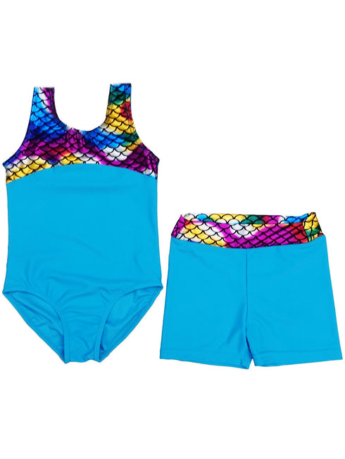 Girls Blue Multi Rainbow Mermaid Scale Leotard Shorts Set 9M-8 - SophiasStyle.com