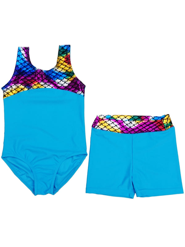 Girls Blue Multi Rainbow Mermaid Scale Leotard Shorts Set 9M-8 - SophiasStyle.com