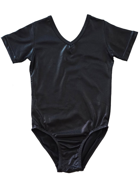 Girls Black Shiny Short-Sleeve Stylish Dancewear Leotard 9M-8 - SophiasStyle.com