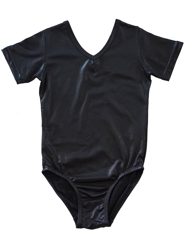 Girls Black Shiny Short-Sleeve Stylish Dancewear Leotard 9M-8 - SophiasStyle.com