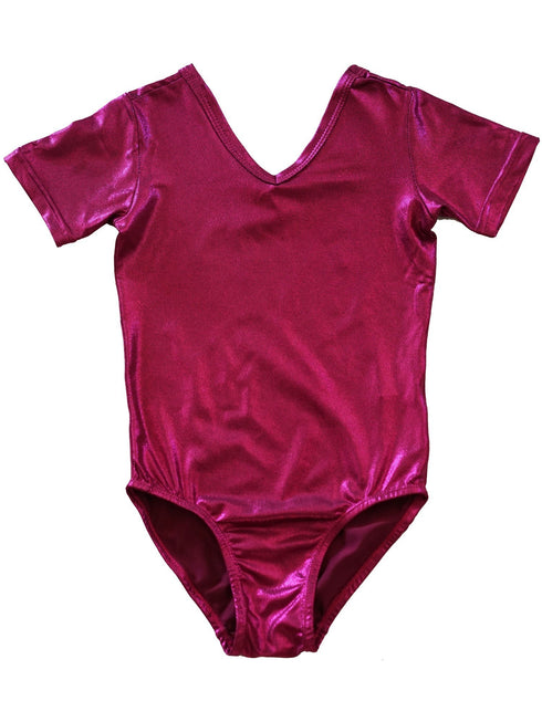 Girls Hot Pink Shiny Short-Sleeve Stylish Dancewear Leotard 9M-8 - SophiasStyle.com